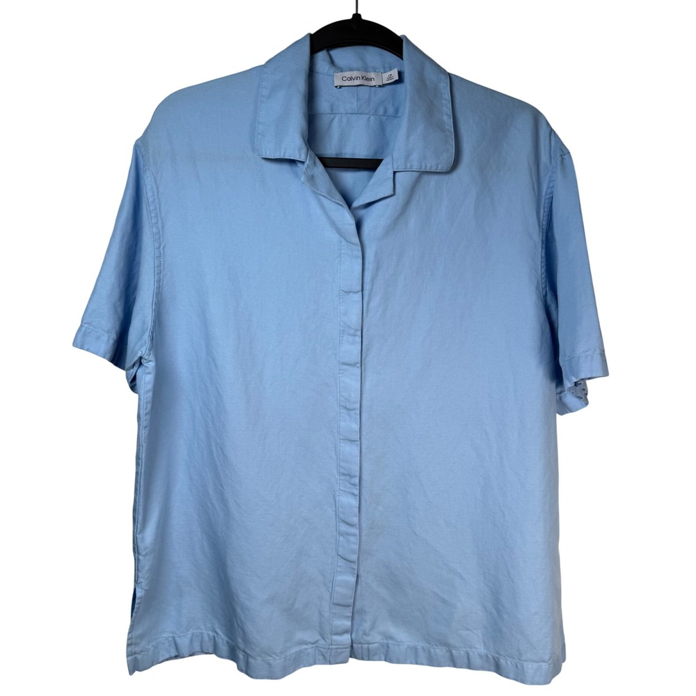 Calvin Klein Luxe Linen Cotton Blend Hidden Placket‎ Camp Shirt M Large Coastal
